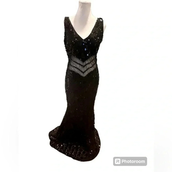 🆕 Dalia Macphee Black Sequined Illusion Waist Gown Extra Large - Picture 1 of 15